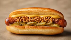 Bistro hot dog s křupavou cibulkou, nakládanou okurkou a hořčicí