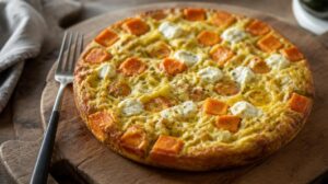 Frittata se sladkými bramborami, pórkem a kozím sýrem