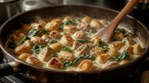 Gnocchi s kuřecím masem, špenátem a smetanou