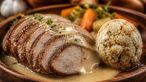Hamburská vepřová pečeně na smetaně s houskovým knedlíkem