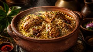 Kořeněný indický rýžový hrnec Biryani s kuřecím masem a šafránem