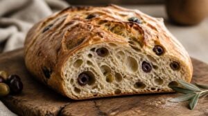 Křupavý domácí chléb ciabatta s olivami