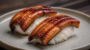 Nigiri sushi s pečeným mořským úhořem v omáčce unagi