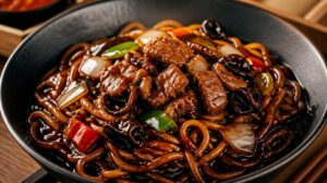 Nudle v husté černé fazolové omáčce s vepřovým masem (Jajangmyeon)