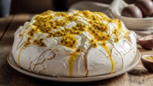 Pravý australský dort Pavlova s křupavou krustou, šlehačkou a maracujou