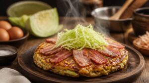 Slané japonské palačinky Okonomiyaki se zelím a slaninou