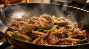 Smažené udon nudle s hovězím masem a černým pepřem