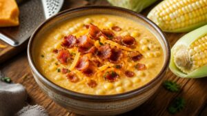 Smetanová kukuřičná polévka Corn Chowder se slaninou a čedarem