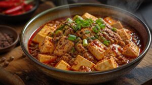 Tradiční Mapo Tofu s mletým vepřovým masem a chilli olejem