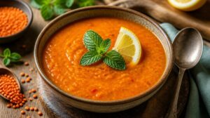 Turecká červená čočková polévka Mercimek s mátou a citronem