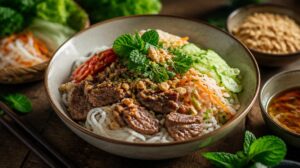 Vietnamské Bun Bo Nam Bo s hovězím masem, bylinkami a arašídy