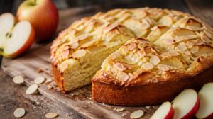Vláčný německý jablečný koláč Apfelkuchen s mandlovými lupínky
