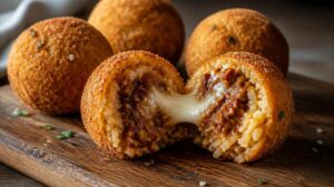Arancini — smažené rýžové koule plněné mozzarellou a masovým ragú