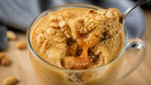 Arašídový mug cake s tekutým středem z marmelády