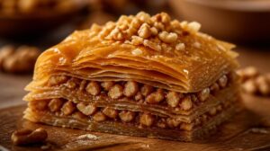 Arménská Baklava s vrstvami listového těsta, medem, skořicí a ořechy
