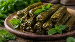 Arménská dolma — mleté maso s rýží a mátou balené v hroznových listech