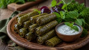 Ázerbájdžánská Dolma s mletým masem v hroznových listech s mátovým jogurtem
