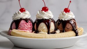 Banana split s trojí zmrzlinou, šlehačkou a čokoládovým topingem