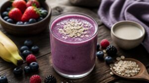 Banánové smoothie s lesní směsí a ovesným mlékem: Jemný veganský nápoj se zářivě fialovou barvou