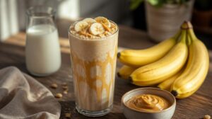 Banánový milkshake s arašídovým máslem a mlékem
