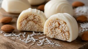 Bílé čokoládové pralinky s kokosem a mandlí uvnitř