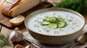 Blesková albánská polévka Tarator: Osvěžující ledový krém z jogurtu, čerstvých okurek, česneku a kopru