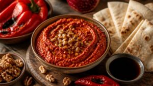 Blesková blízkovýchodní pomazánka Muhammara: Pikantní dip z pečených červených paprik, vlašských ořechů a melasy z granátového jablka