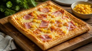 Blesková pizza z listového těsta se šunkou, sýrem a kukuřicí