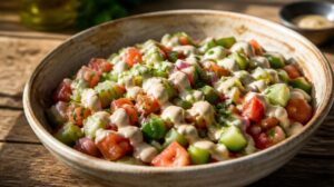 Bleskový palestinský salát s tahini (Salatit Tahina): Najemno nasekaná letní zelenina s jemnou krémovou sezamovou zálivkou