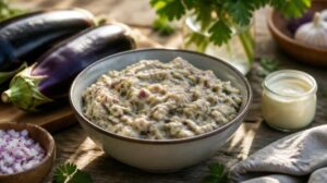 Bleskový rumunský salát z pečených lilků (Salată de Vinete): Jemná letní pomazánka s majonézou a cibulí