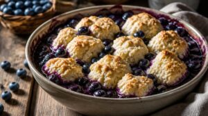 Borůvkový koláč z oblasti Blueberry Grunt vařený pod nadýchanými knedlíčky