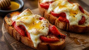 Bruschetta s teplým kozím sýrem, pečenou paprikou a medem