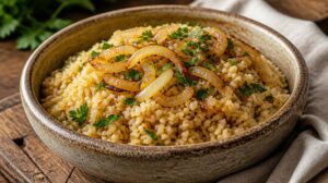 Bulgur s restovanou cibulkou a petrželkou