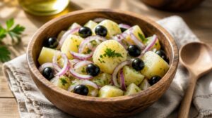 Bulharský bramborový salát (Kromid salata): Lehká verze bez majonézy s červenou cibulí, olivami a petrželkou