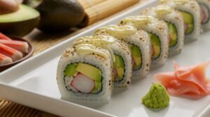 California sushi rolka s krabí tyčinkou, avokádem a majonézou