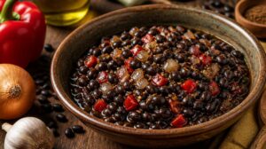 Černé fazole po kubánsku Frijoles Negros s cibulí, paprikou, římským kmínem a olivovým olejem