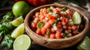 Čerstvá rajčatová salsa Pico de Gallo s cibulí, koriandrem a limetkovou šťávou