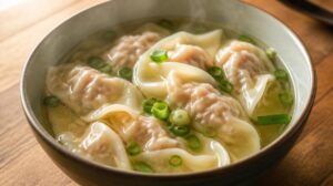 Čínská polévka s masovými taštičkami Wonton a jarní cibulkou