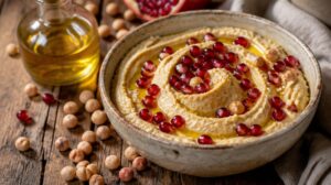 Cizrnový hummus s arménským sezamovým olejem a granátovými zrny