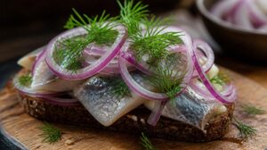 Dánský otevřený sendvič Smørrebrød se sleděm, červenou cibulí a koprem