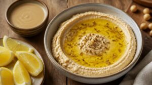Domácí hummus s olivovým olejem, římským kmínem a pastou tahini