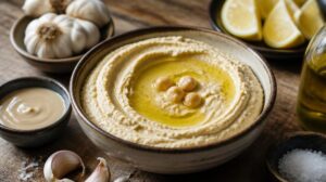 Domácí hummus z cizrny s olivovým olejem a tahini pastou