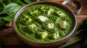 Domácí indický sýr Paneer v husté špenátové omáčce (Palak Paneer)