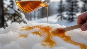 Domácí javorové lízátka z horkého sirupu litá na sníh Taffy on Snow