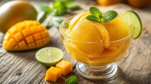 Domácí mango sorbet s limetkovou šťávou a mátou