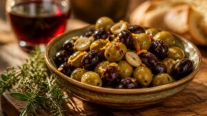 Domácí marinované olivy s česnekem, chilli a pomerančovou kůrou