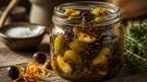 Domácí marinované olivy s česnekem, chilli a pomerančovou kůrou