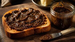 Domácí slaná drožďová pomazánka typu Vegemite na křupavý toast s máslem