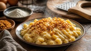 Domácí švábské těstoviny Spätzle s rozteklým sýrem a smaženou cibulí