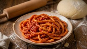 Domácí toskánské těstoviny pici s pikantní rajčatovou omáčkou